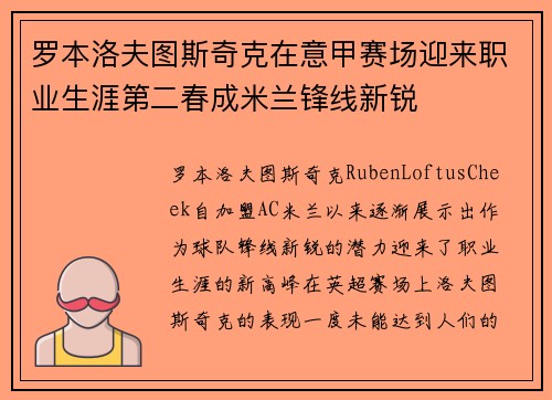 罗本洛夫图斯奇克在意甲赛场迎来职业生涯第二春成米兰锋线新锐