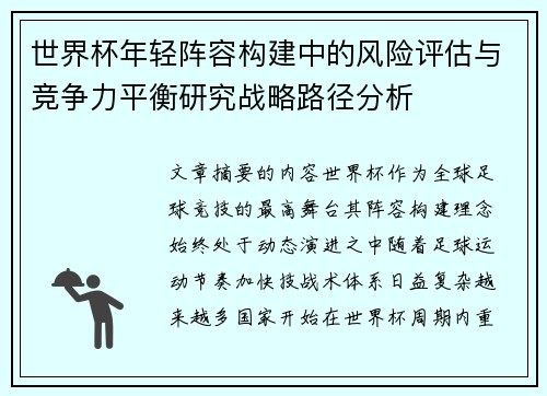 世界杯年轻阵容构建中的风险评估与竞争力平衡研究战略路径分析