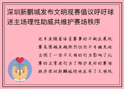 深圳新鹏城发布文明观赛倡议呼吁球迷主场理性助威共维护赛场秩序